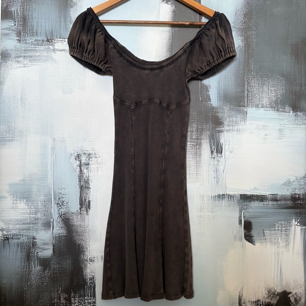 BDG Brown Off Shoulder Puff Sleeve Mini Dress small off shoulder